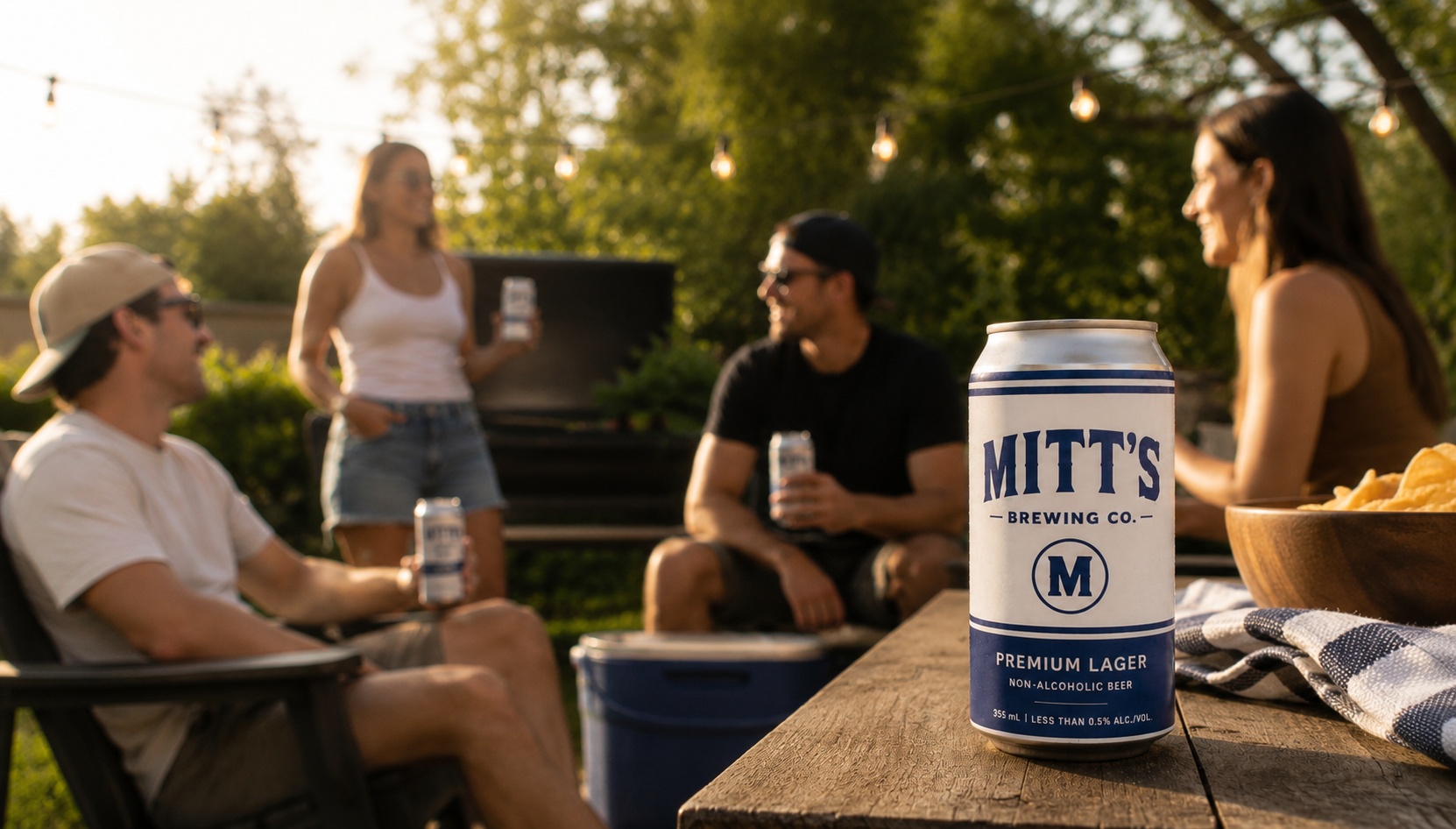 Friends gathering outdoors with Mitt's Premium Lager