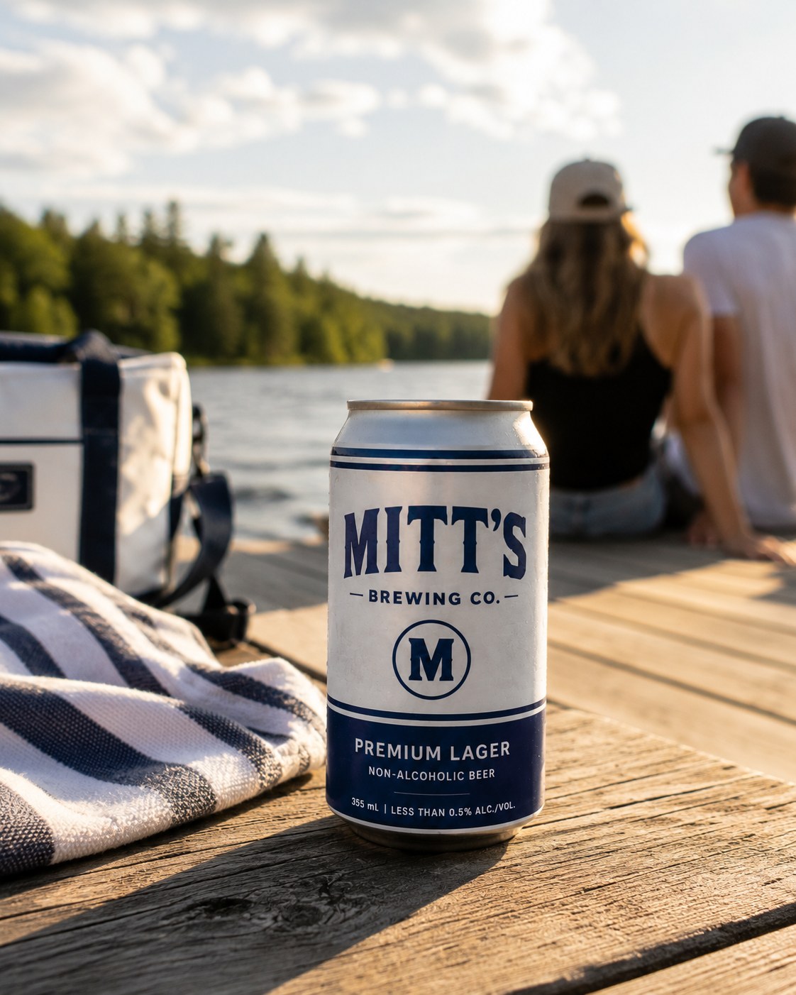 Mitt's Premium Lager on a cottage dock at sunset